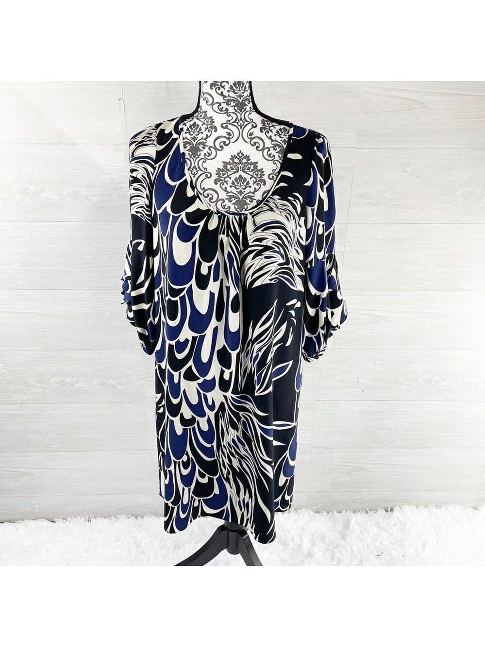 Tibi Dual Floral Print Ruffle‎ Flutter Sleeve Shift Silk Midi Dress